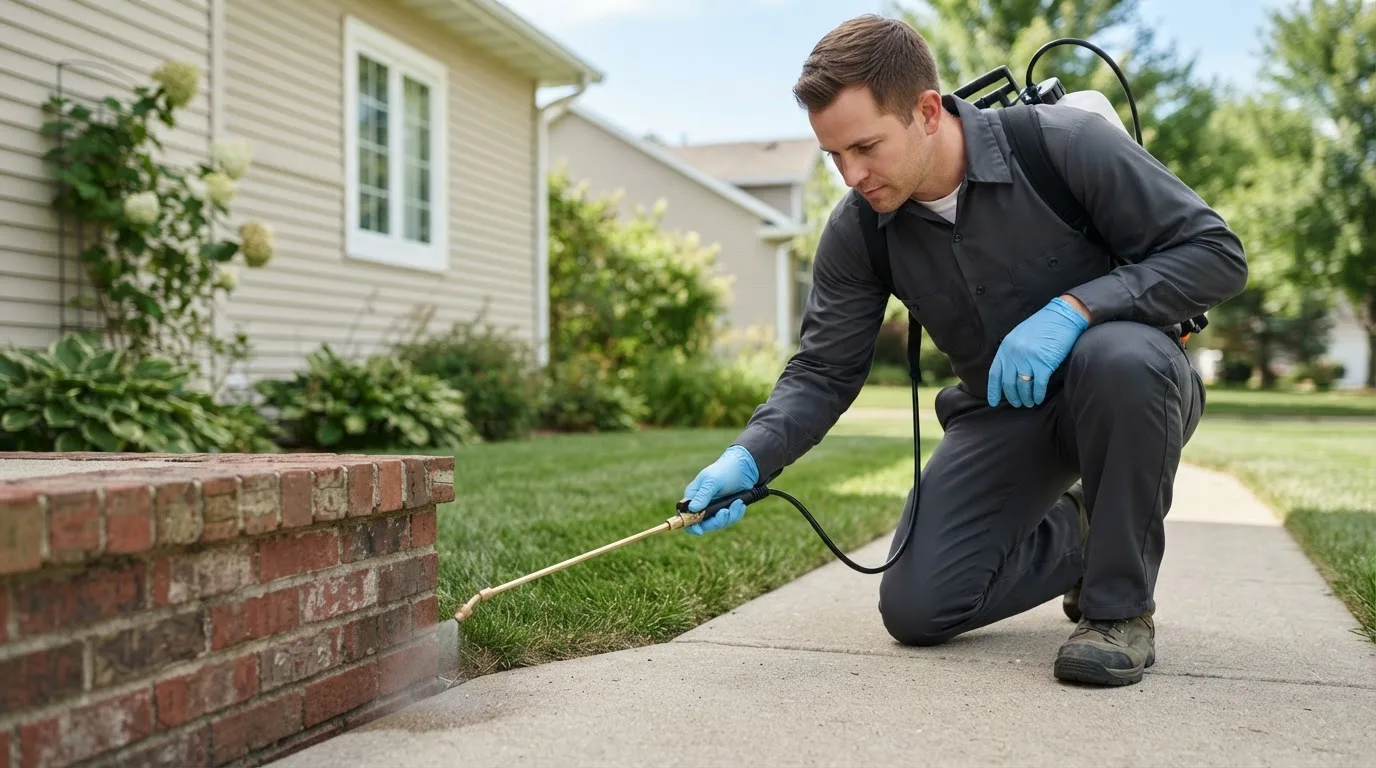 Pest control technician treating a home near New Holland, PA